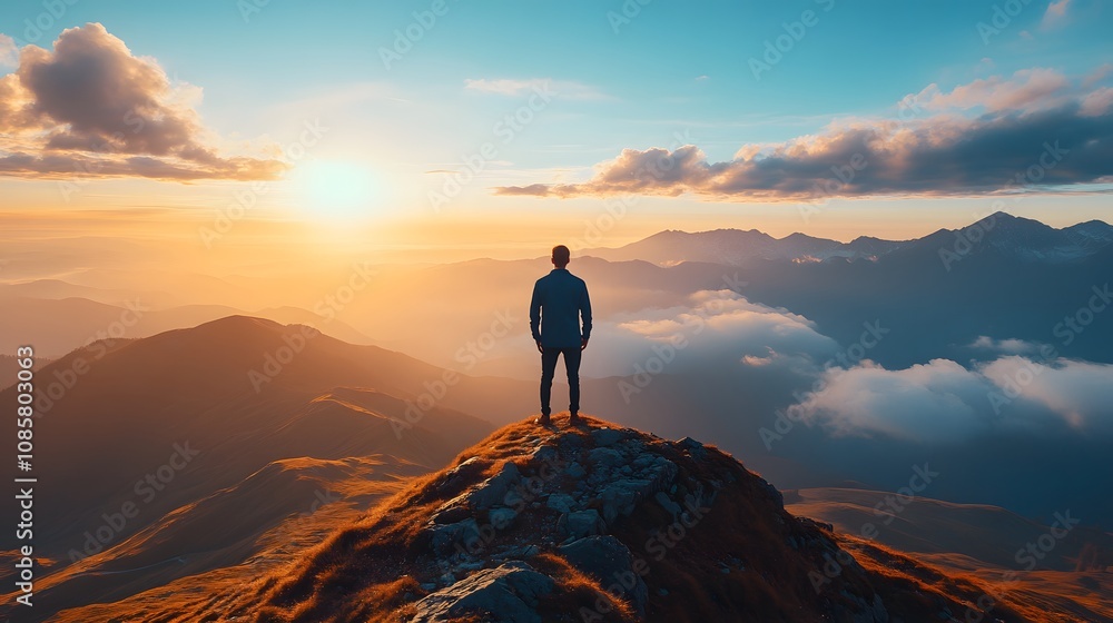 Fototapeta premium Silhouette of a man at sunrise on a mountain peak, overlooking vast valleys.