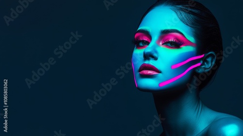 A woman with vibrant neon body paint poses elegantly against a dark background, showcasing colorful artistry and modern beauty.