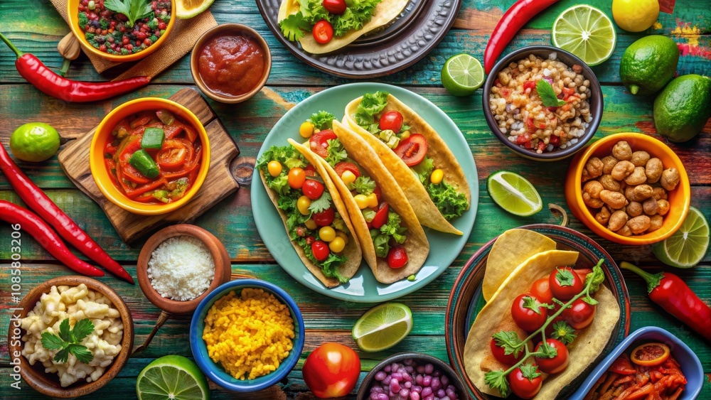 Top View of Tacos, Salsa, and Other Mexican Dishes on a Rustic Wooden Table, Mexican Food, Tacos, Cuisine Top View of Tacos, Salsa, and Other Mexican Dishes on a Rustic Wooden Table, Mexican Food, Tacos, Cuisine