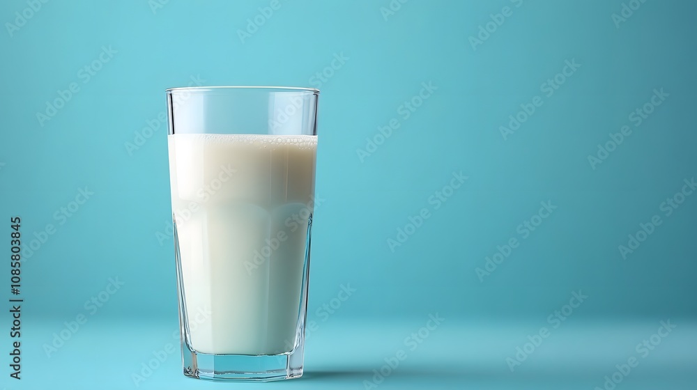 A glass of fresh milk against a turquoise background. A glass of fresh milk against a turquoise background.