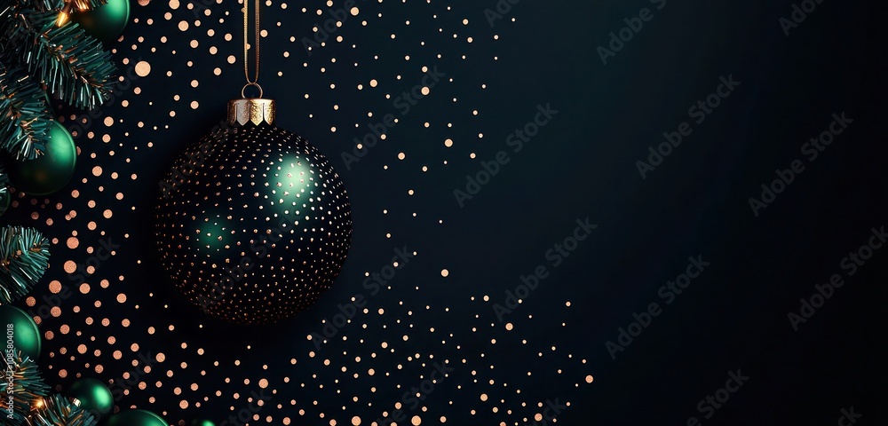 Dark indigo background featuring a Christmas ornament in negative space, surrounded by modern green and rose gold polka dot patterns, highlighted by a gentle gold shadow to create a 3D effect Dark indigo background featuring a Christmas ornament in negative space, surrounded by modern green and rose gold polka dot patterns, highlighted by a gentle gold shadow to create a 3D effect