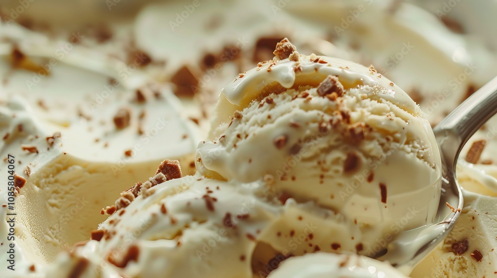 Close-up of a spoon digging into a rich and velvety ice cream Close-up of a spoon digging into a rich and velvety ice cream