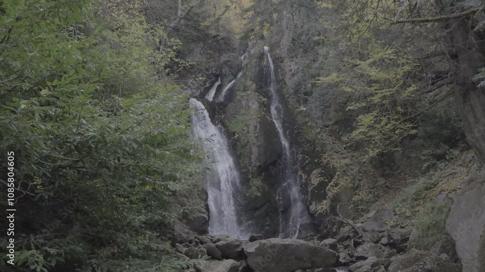 High flowing waterfall deep in the forest in autumn High flowing waterfall deep in the forest in autumn