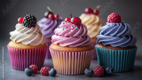 Five Colorful Cupcakes Topped with Fresh Berries and Cherry Garnish