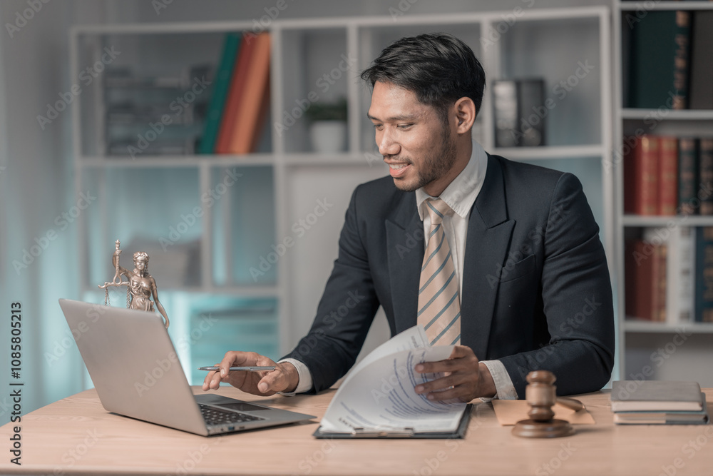 Lawyer working or reading law book working with laptop in office as legal counsel, justice and law. Male judge in courtroom on wooden table. Lawyer working or reading law book working with laptop in office as legal counsel, justice and law. Male judge in courtroom on wooden table.