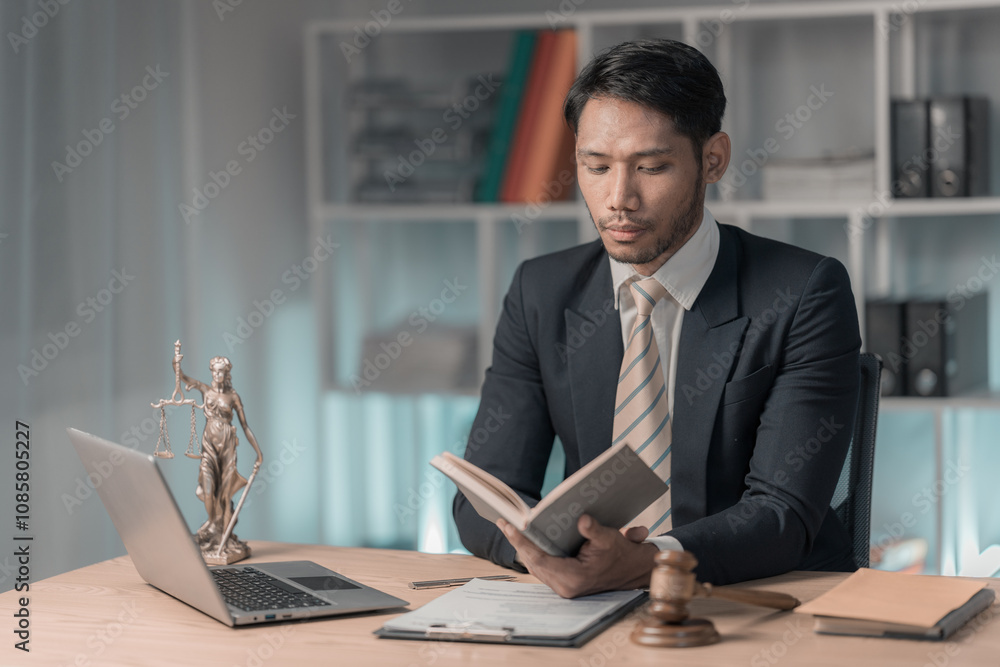 Lawyer working or reading law book working with laptop in office as legal counsel, justice and law. Male judge in courtroom on wooden table. Lawyer working or reading law book working with laptop in office as legal counsel, justice and law. Male judge in courtroom on wooden table.