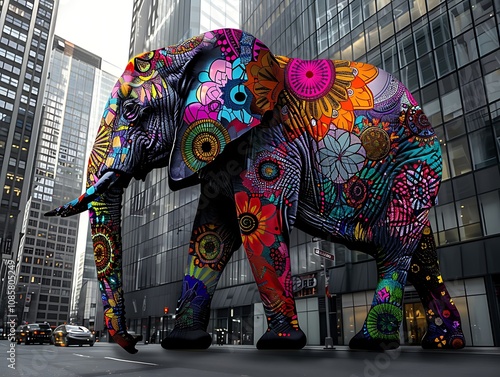 Colorful Mandala Elephant in Urban Setting photo