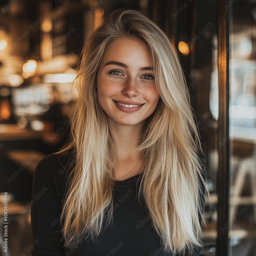 Obraz premium A beautiful 24-year-old blonde supermodel from Germany standing in a coffee shop in Amsterdam, smiling at the camera, Generative Ai