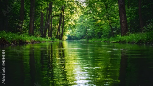 Serene green river reflecting lush trees in a peaceful forest setting.