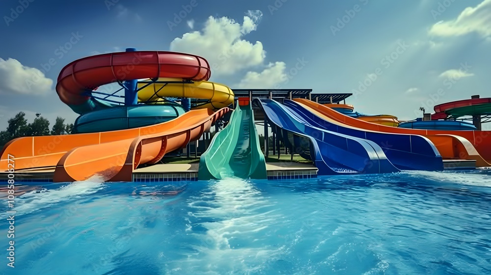 Fototapeta premium Wide View of Colorful Water Slides Splashing Into a Refreshing Pool