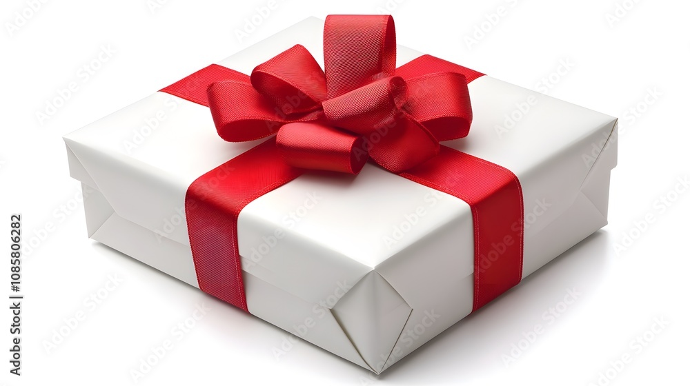 Elegant white gift box with a bright red ribbon and bow. Elegant white gift box with a bright red ribbon and bow.