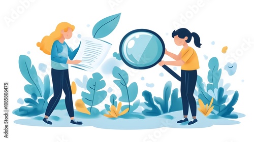 Two women exploring nature with a magnifying glass and notes in a vibrant, colorful setting.