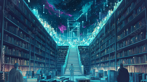 A library of babel straddling heaven and hell, with ai guardians curating endless stories of sin and virtue on paper. Halcyon. Illustration