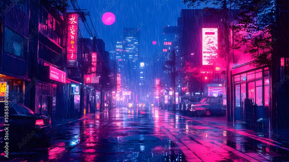 Vibrant neon-lit street scene at night in a rainy urban setting. Vibrant neon-lit street scene at night in a rainy urban setting.
