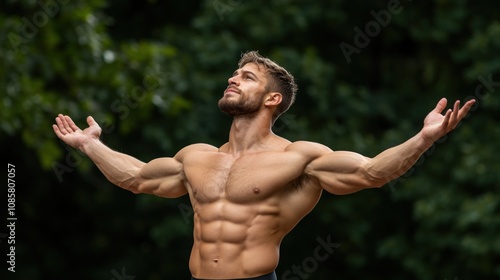 muscular individual with a confident expression stands outdoors, arms wide open, embracing the moment. lush greenery and warm light enhance the sense of victory and freedom photo