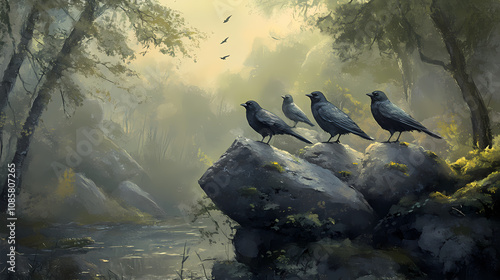 A painting of four birds sitting on a rock in a forest. the mood of the painting is peaceful and serene. Halcyon. Illustration