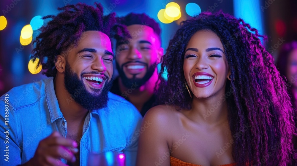 group of three friends shares a moment of joy at a lively bar, laughing and enjoying each others company amidst colorful lights and a vibrant atmosphere during the night group of three friends shares a moment of joy at a lively bar, laughing and enjoying each others company amidst colorful lights and a vibrant atmosphere during the night