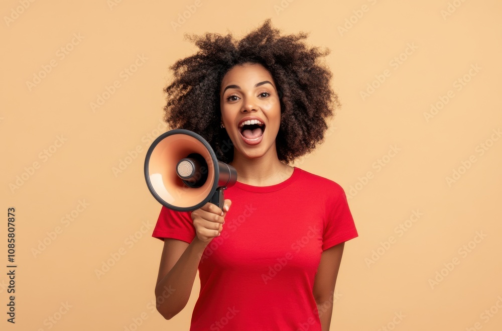 Obraz premium Woman in Red Shirt Holding a Megaphone with Excited Expression