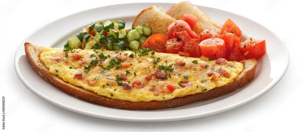 Fluffy omelette with herbs and melted cheese, served with toast and fresh vegetables Fluffy omelette with herbs and melted cheese, served with toast and fresh vegetables