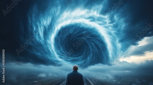 person gazes at a massive swirling vortex formation in the evening sky, surrounded by dark, tumultuous clouds over a tranquil landscape