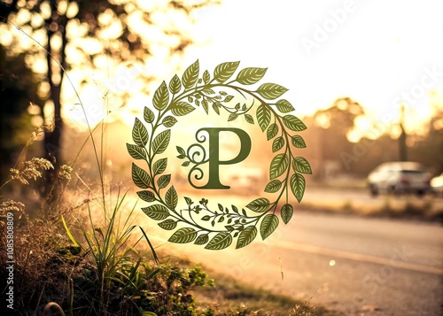 Vintage Style Photography of a Creative Logo Design Featuring the Letter P with Elegant Green Leaves, Perfect for Eco-friendly Branding and Nature-inspired Projects photo