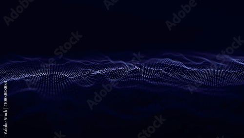 Futuristic point wave of particles. Visualization of sound waves. Dark background. Technology or science banner. Abstract, colorful digital 3D wave. Vector illustration.