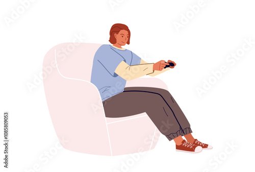 man with joystick have relax rest home free time playing game at home controller video console, isolated on white background Young man with gamepad have fun engaged in video game Addiction and hobby. 