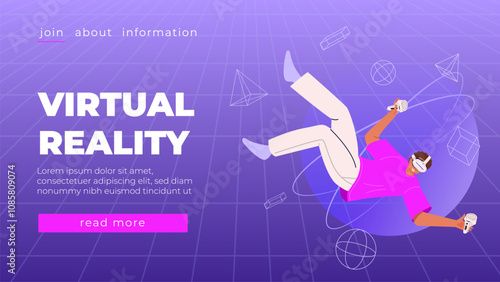 Metaverse entertainment. Flat vector illustration with man in virtual reality glasses and VR headsets Concept of future innovations and modern technologies Futuristic poster banner for website