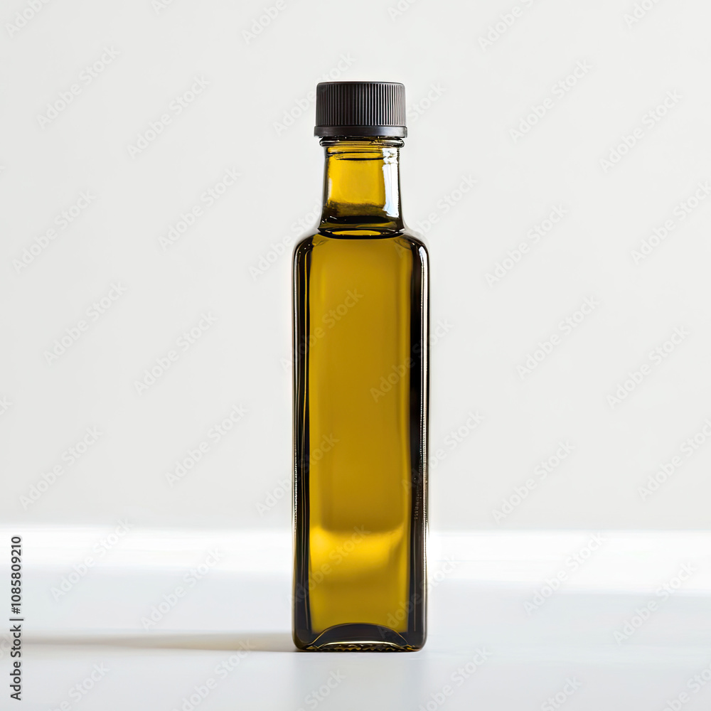 A rectangular glass bottle of olive oil, filled with a light green color and a black cap A rectangular glass bottle of olive oil, filled with a light green color and a black cap