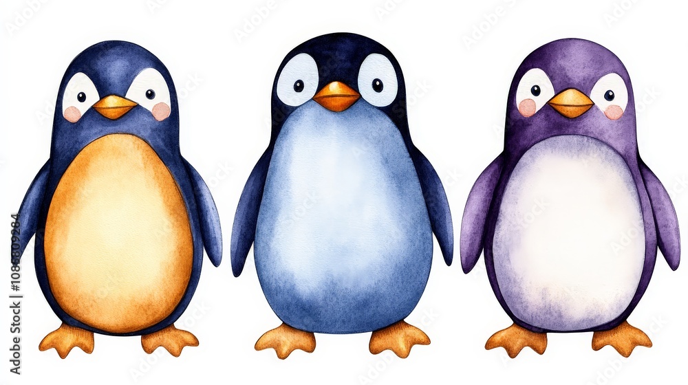 Fototapeta premium Cute Watercolor Penguins in Stained Glass Style