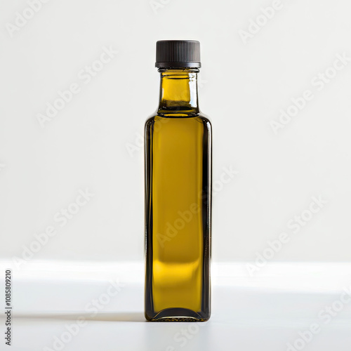 A rectangular glass bottle of olive oil, filled with a light green color and a black cap