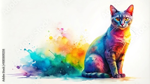Fototapeta Naklejka Na Ścianę i Meble -  A vibrant watercolor feline, bathed in rainbow hues, sits serenely amidst a colorful explosion of paint