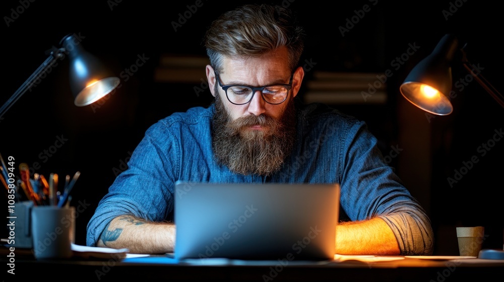 In a cozy, dimly lit room, a bearded man with glasses focuses on his laptop. Desk lamps illuminate his workspace filled with stationery as he works late into the night In a cozy, dimly lit room, a bearded man with glasses focuses on his laptop. Desk lamps illuminate his workspace filled with stationery as he works late into the night
