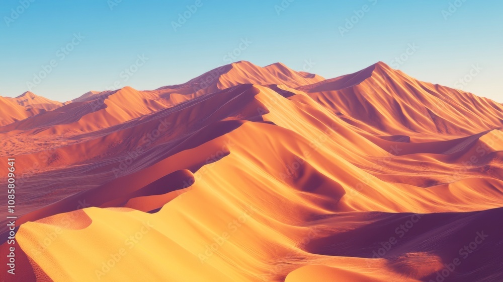 Naklejka premium Golden sand dunes stretch endlessly under a vivid blue sky, creating an enchanting desert landscape filled with gentle curves and shadows as the sun nears the horizon