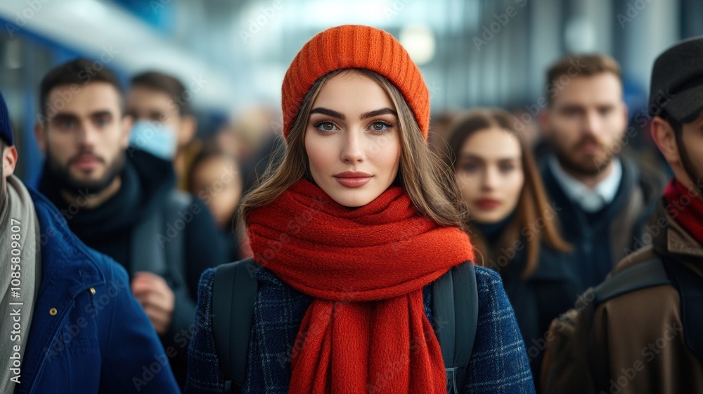 Amidst a crowd of commuters, a young woman wearing an orange hat and a red scarf captures attention with her striking features in a busy train station during winter Amidst a crowd of commuters, a young woman wearing an orange hat and a red scarf captures attention with her striking features in a busy train station during winter