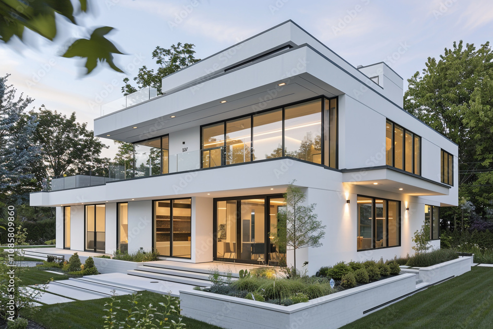 Modern white house exterior with clean lines, flat roof, large glass windows, and minimalist landscaping, captured in a serene suburban setting Modern white house exterior with clean lines, flat roof, large glass windows, and minimalist landscaping, captured in a serene suburban setting