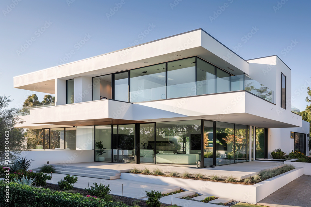 Modern white house exterior with clean lines, flat roof, large glass windows, and minimalist landscaping, captured in a serene suburban setting Modern white house exterior with clean lines, flat roof, large glass windows, and minimalist landscaping, captured in a serene suburban setting