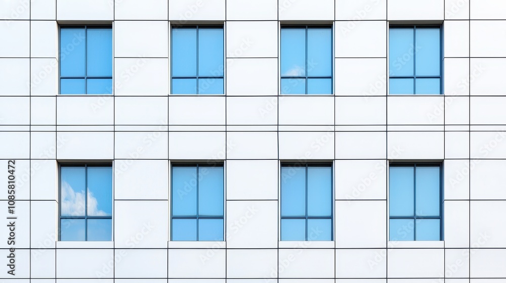 Modern building facade with symmetrical blue-tinted windows framed by clean white panels, creating a minimalist architectural design Modern building facade with symmetrical blue-tinted windows framed by clean white panels, creating a minimalist architectural design
