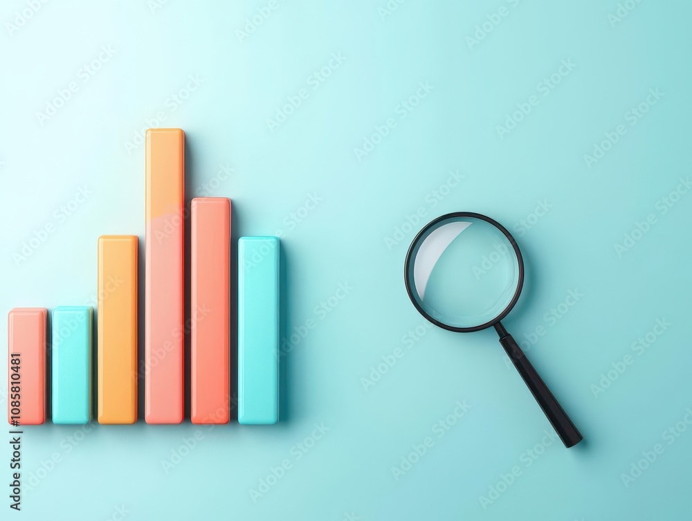 Financial risk analysis, bar charts fluctuating under magnifying glass, global focus, 3D illustration Financial risk analysis, bar charts fluctuating under magnifying glass, global focus, 3D illustration