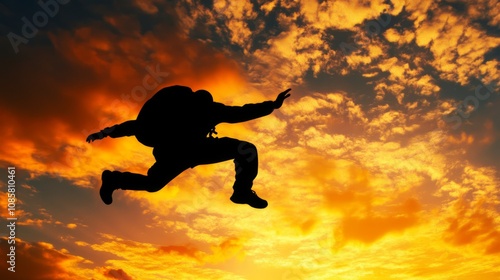 Wallpaper Mural Silhouette of a person jumping in the air against a bright orange sunset sky. Torontodigital.ca