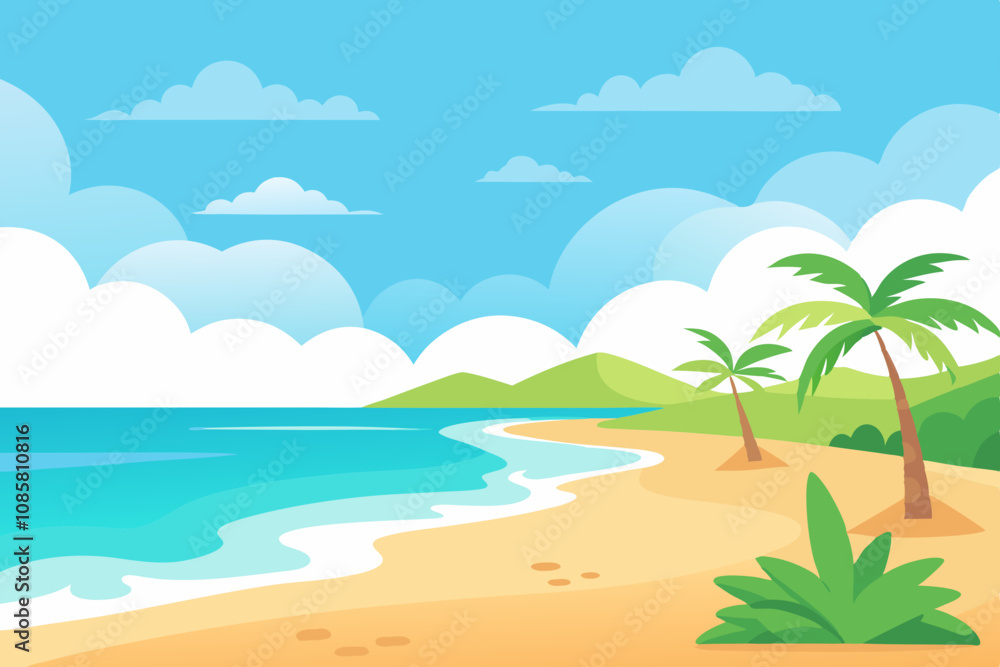 Vector illustration of a sunny beach with a calm ocean. Summer beach background Vector illustration of a sunny beach with a calm ocean. Summer beach background