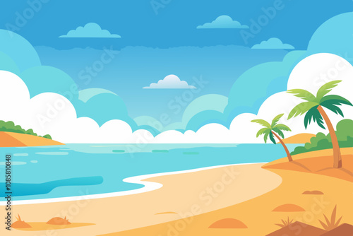 Vector illustration of a sunny beach with a calm ocean. Summer beach background