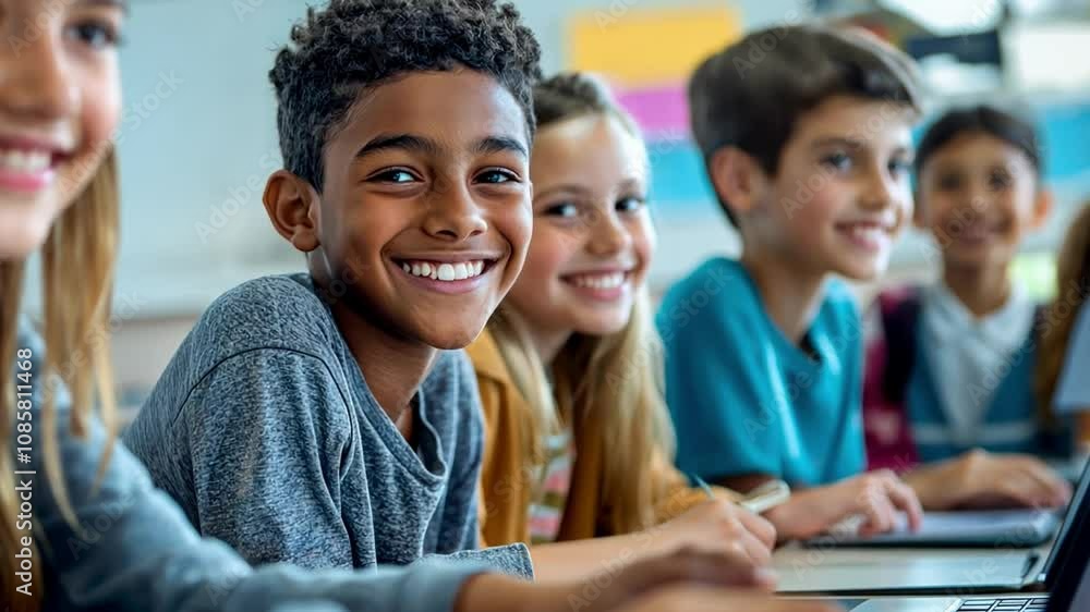 A group of children are sitting in a classroom and smiling A group of children are sitting in a classroom and smiling