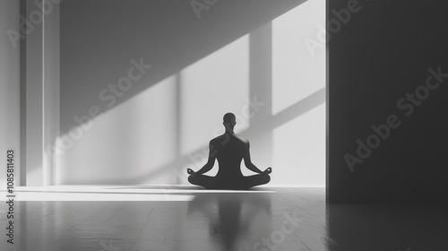 Silhouette of a person meditating in a room with sunlight streaming through the window.