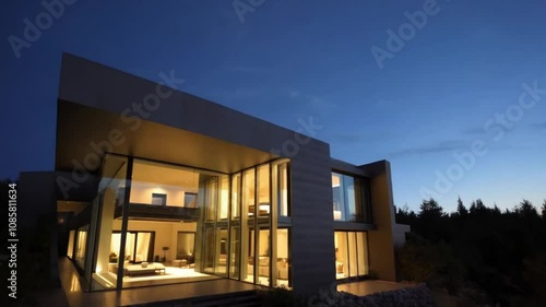Wallpaper Mural Exterior view of a modern luxury home at twilight, featuring expansive windows and a peaceful natural environment. Torontodigital.ca