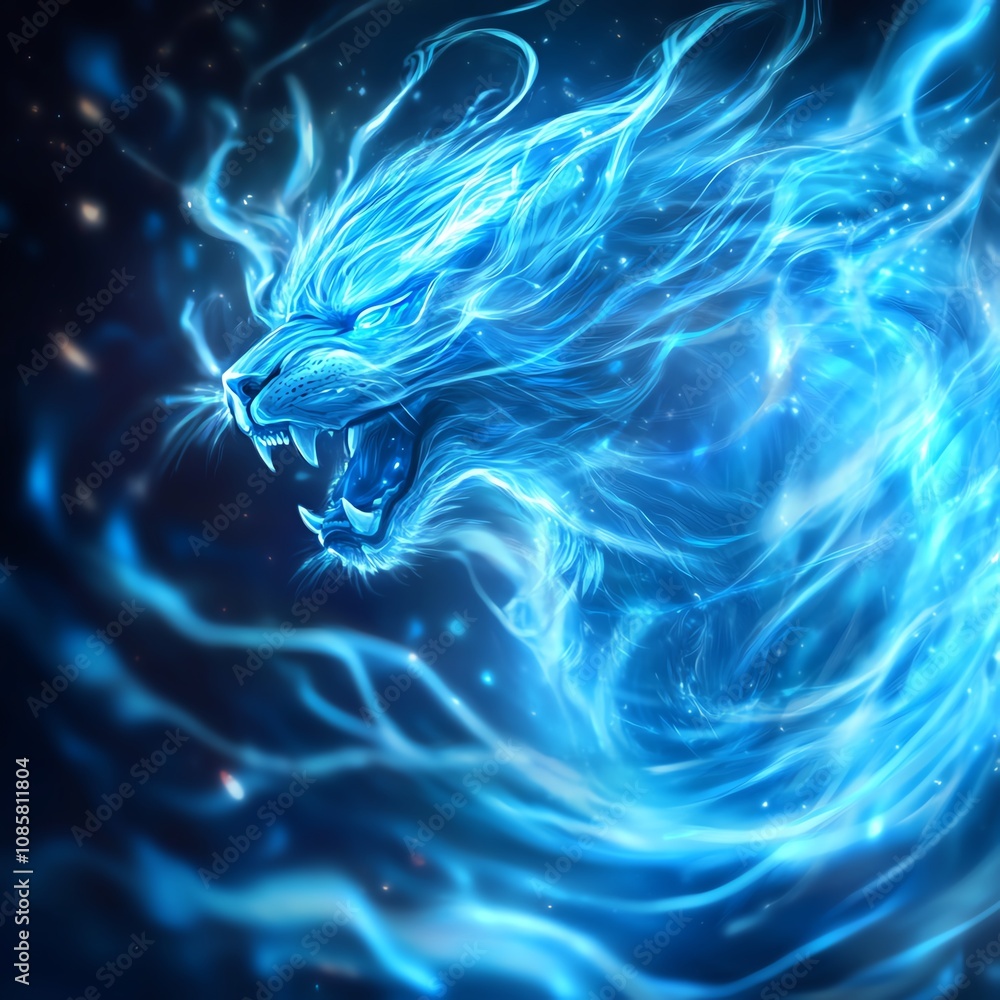 A glowing blue lion with swirling energy effects on a dark background. A glowing blue lion with swirling energy effects on a dark background.