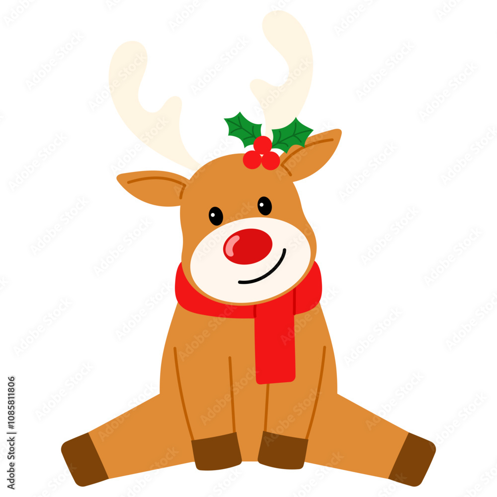 playful reindeer with red scarf and holly character illustration playful reindeer with red scarf and holly character illustration