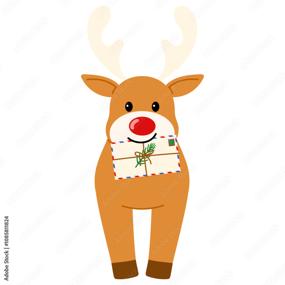 Obraz premium playful reindeer with holding christmas letter in its mouth character illustration