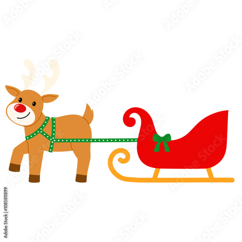 smiling reindeer pulling a red sleigh character illustration