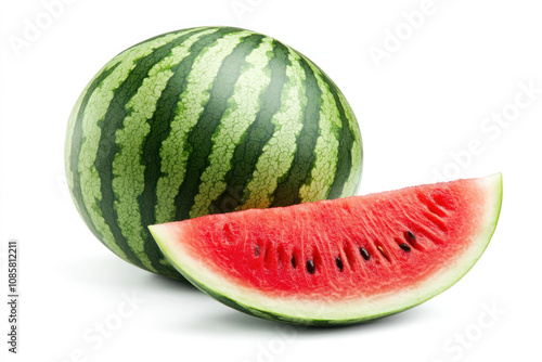 Sliced watermelon arranged on a rustic wooden table, with a bowl of mixed fruits in the background. Close-up shot highlighting vibrant colors and textures.